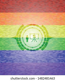 business presentation icon inside emblem on mosaic background with the colors of the LGBT flag