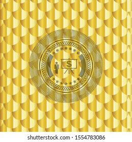 business presentation icon inside gold badge or emblem. Scales pattern. Vector Illustration. Detailed.