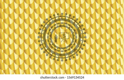 business presentation icon inside gold badge. Scales pattern. Vector Illustration. Detailed.