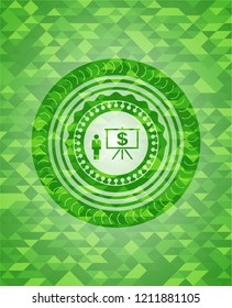business presentation icon inside green emblem. Mosaic background