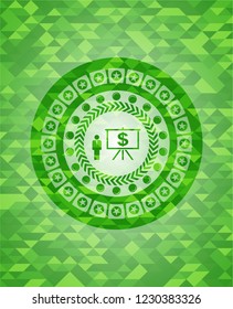 business presentation icon inside green emblem with triangle mosaic background