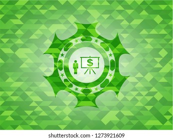 business presentation icon inside green emblem with mosaic background