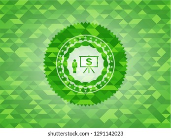 business presentation icon inside green emblem with mosaic background