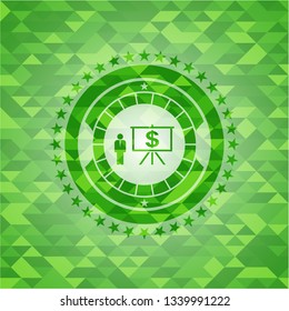 business presentation icon inside green emblem with mosaic background