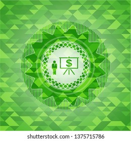 business presentation icon inside green emblem with mosaic ecological style background
