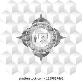 business presentation icon inside grey emblem. Retro with geometric cube white background