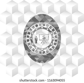 business presentation icon inside grey emblem. Retro with geometric cube white background