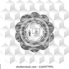 business presentation icon inside grey emblem. Retro with geometric cube white background