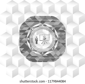 business presentation icon inside grey badge with geometric cube white background