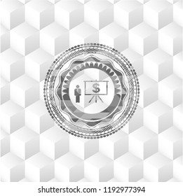 business presentation icon inside grey emblem with cube white background