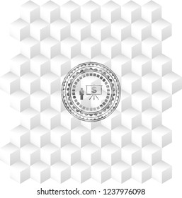 business presentation icon inside grey emblem. Vintage with geometric cube white background