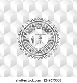 business presentation icon inside grey emblem. Retro with geometric cube white background
