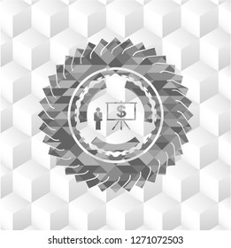 business presentation icon inside grey badge with geometric cube white background