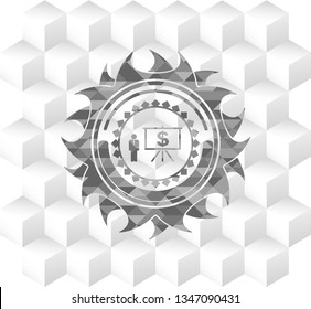 business presentation icon inside grey emblem with geometric cube white background