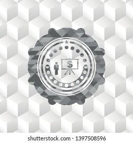 business presentation icon inside grey icon or emblem with geometric cube white background
