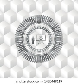 business presentation icon inside grey emblem. Vintage with geometric cube white background