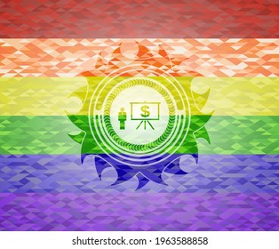 icono de presentación de negocios dentro del emblema de colores lgbt. 