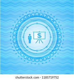 business presentation icon inside light blue water style badge.