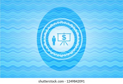business presentation icon inside light blue water emblem background.