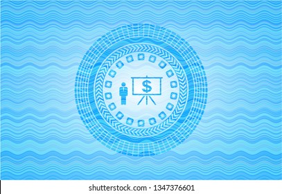 business presentation icon inside light blue water wave badge background.