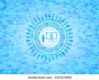 business presentation icon inside light blue emblem. Mosaic background