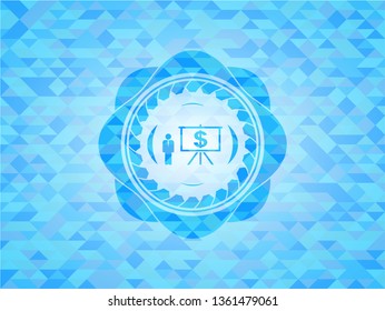 business presentation icon inside light blue emblem. Mosaic background