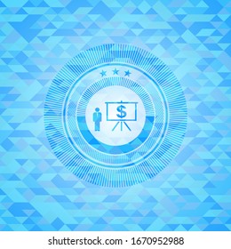 icono de presentación empresarial dentro del emblema azul claro con fondo de mosaico triangular
