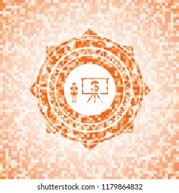 business presentation icon inside orange tile background illustration. Square geometric mosaic seamless pattern with emblem inside.