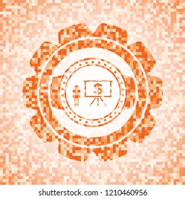 business presentation icon inside orange mosaic emblem with background