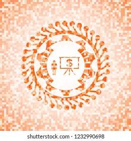business presentation icon inside orange mosaic emblem