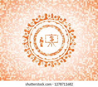business presentation icon inside orange mosaic emblem with background