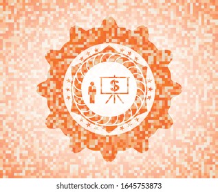 icono de presentación empresarial dentro de la ilustración de fondo de mosaico naranja. Mosaico geométrico cuadrado sin fisuras con emblema interior.