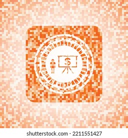 icono de presentación de negocios dentro del emblema del mosaico naranja. 