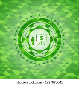 business presentation icon inside realistic green emblem. Mosaic background