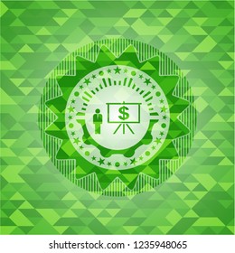business presentation icon inside realistic green emblem. Mosaic background