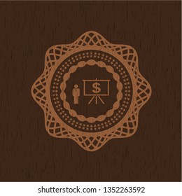 business presentation icon inside realistic wooden emblem