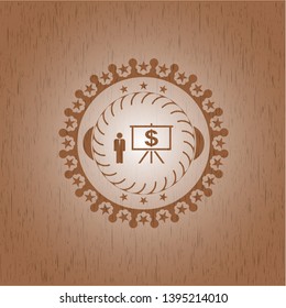 business presentation icon inside realistic wooden emblem