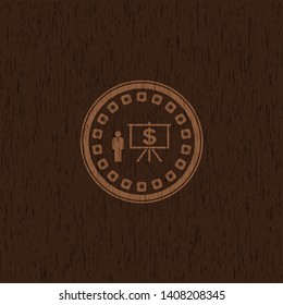 business presentation icon inside realistic wooden emblem