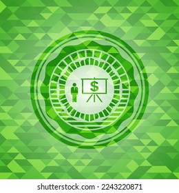 business presentation icon inside realistic green mosaic emblem. 