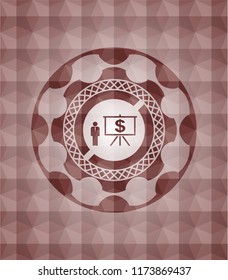 business presentation icon inside red seamless badge with geometric background.