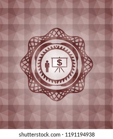 business presentation icon inside red seamless emblem or badge with abstract geometric pattern background.