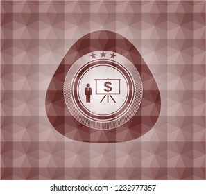 business presentation icon inside red emblem with geometric pattern. Seamless.