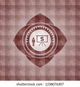business presentation icon inside red seamless emblem with geometric pattern.