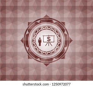 business presentation icon inside red seamless geometric badge.