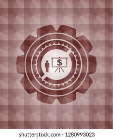 business presentation icon inside red seamless emblem with geometric background.