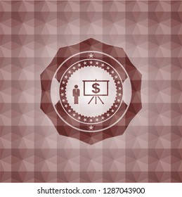 business presentation icon inside red emblem or badge with abstract geometric pattern background. Seamless.