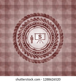 business presentation icon inside red emblem with geometric background. Seamless.