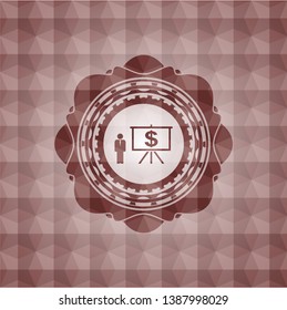 business presentation icon inside red polygonal badge. Seamless.