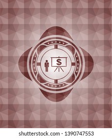 business presentation icon inside red seamless emblem or badge with abstract geometric pattern background.