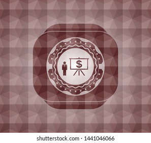 business presentation icon inside red seamless badge with geometric pattern background.